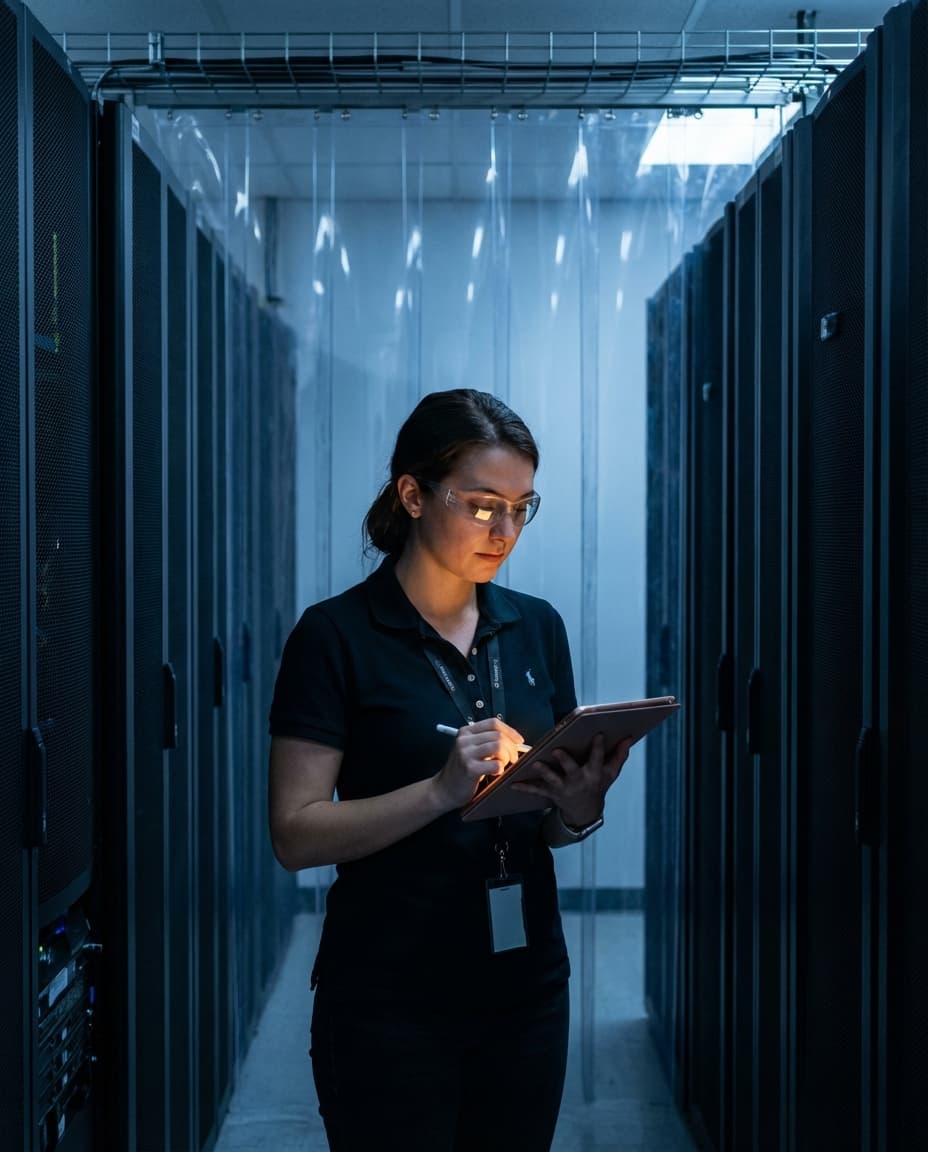 Data center engineer using tablet